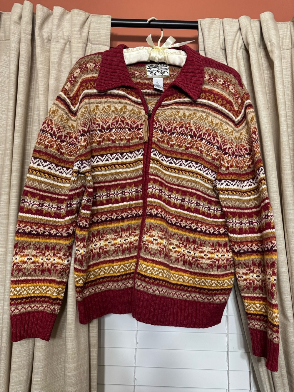 Fair Isle Zip-Front Cardigan Sweater - Burgundy/Gold
